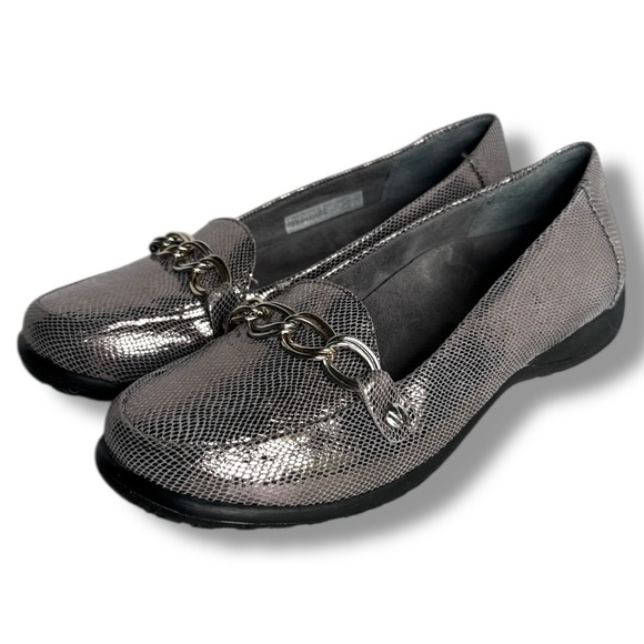 Vionic Metallic Pewter Alda Ballet Flats Loafers Shoe Leather Snakeskin Print - Picture 1 of 16
